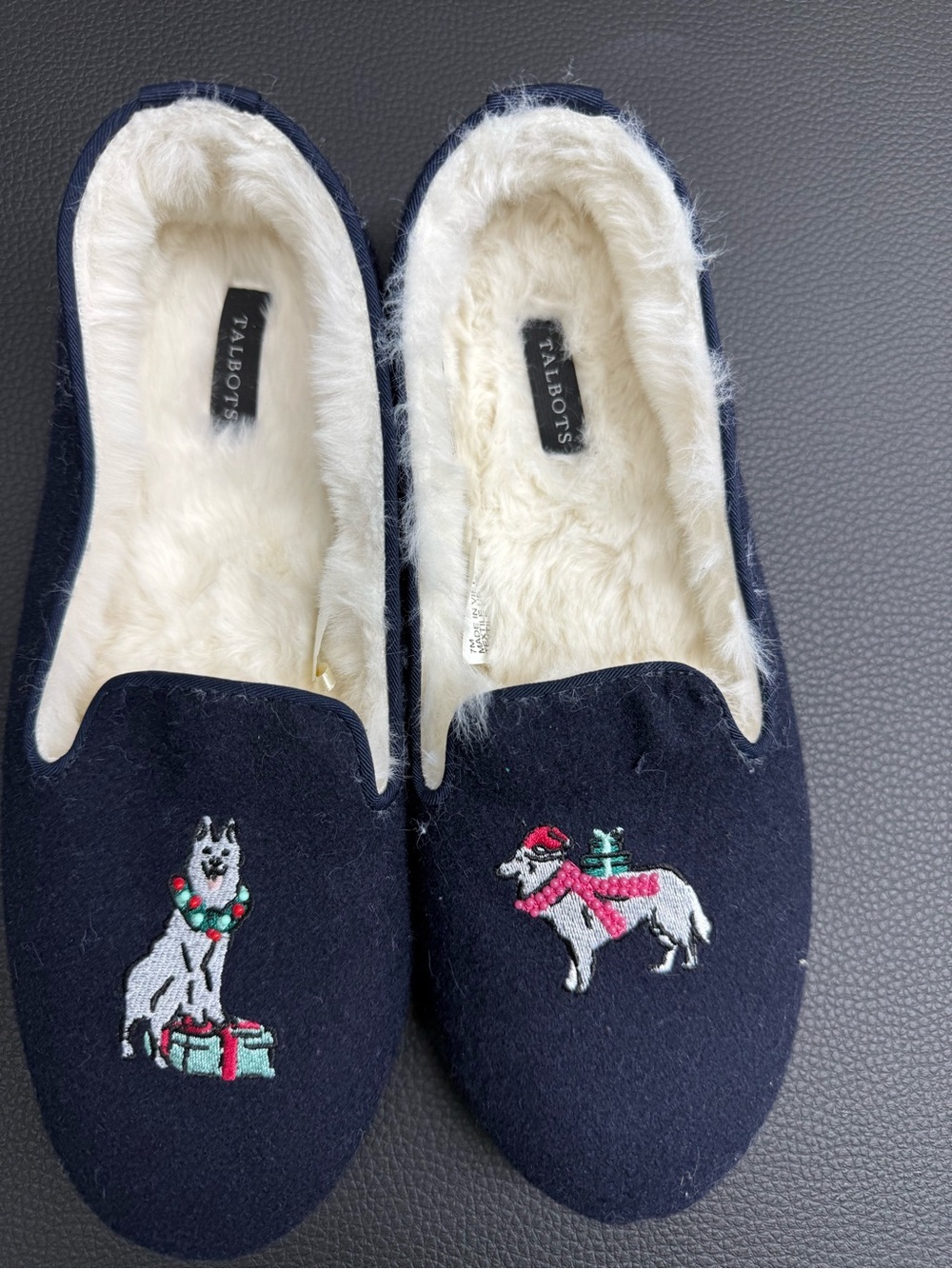 Talbots Navy Fleece-Lined Embroidered Slippers
